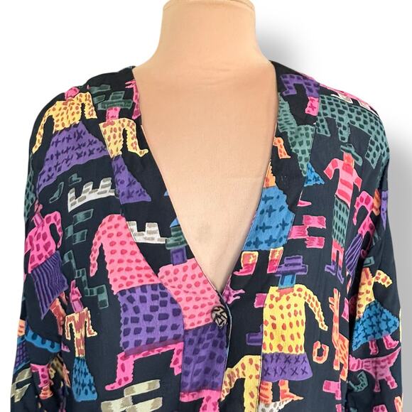Vintage 90s Rayon Shirt Medium Colorful Yellow Tribal Abstract Animal Print - Picture 1 of 11